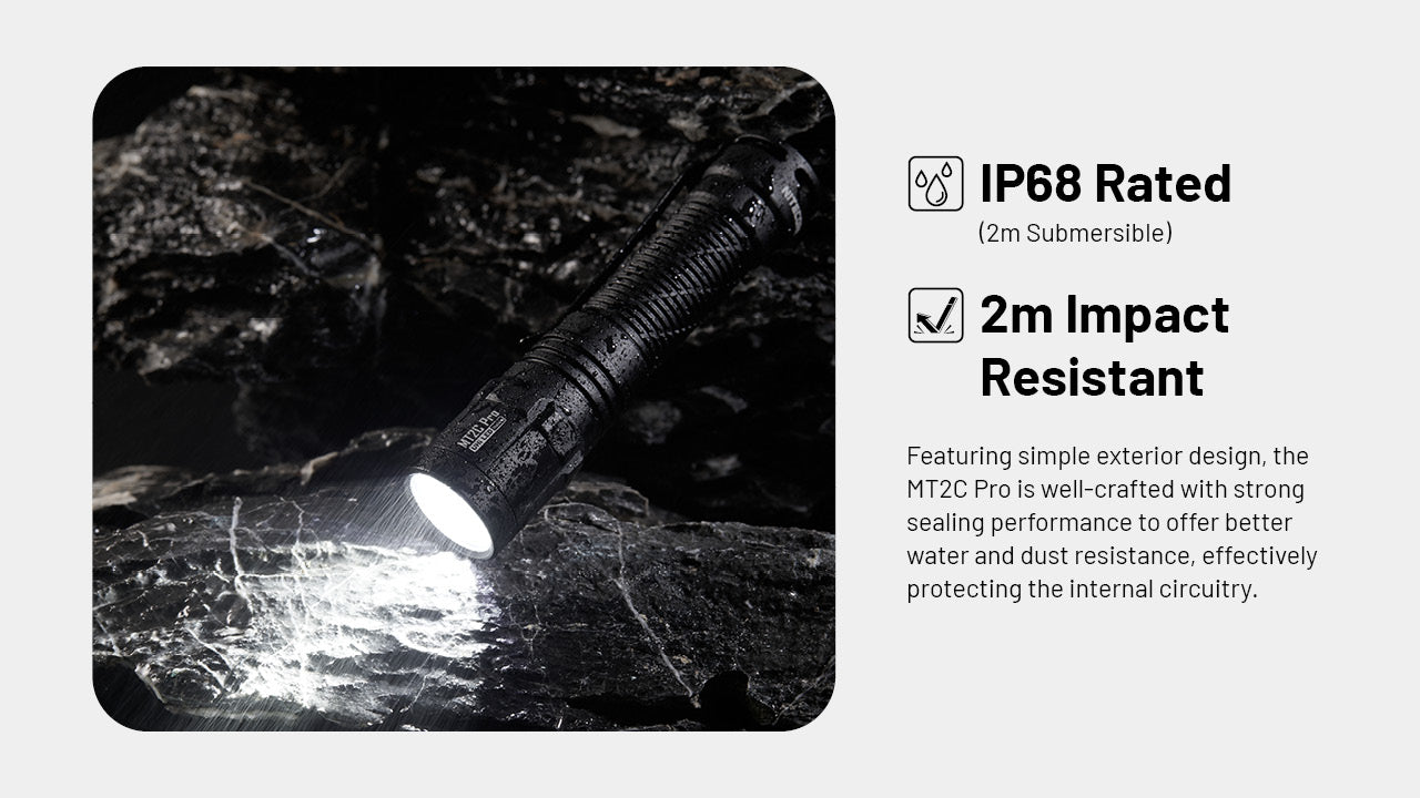 Nitecore MT2C Pro High Output Compact Tactical Flashlight with IP68 Rated and 2m impact resistant.