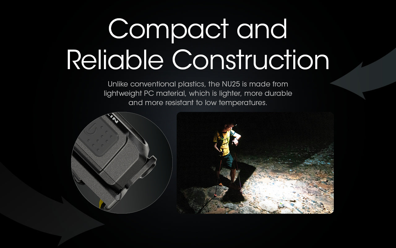 Nitecore NU25 Dual Beam USB-C Rechargeable Lightweight 400 Lumens headlamp with compact and reliable construction.