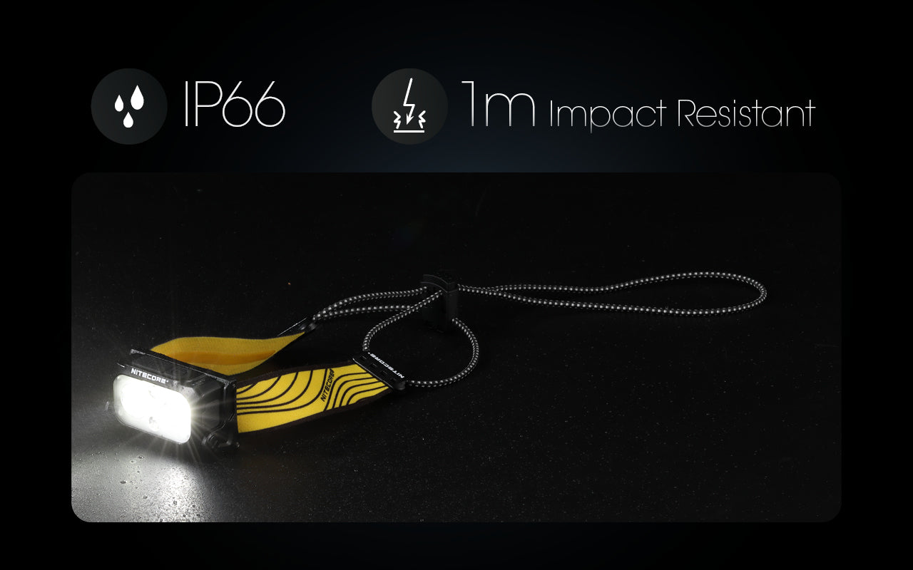 Nitecore NU25 Dual Beam USB-C Rechargeable Lightweight 400 Lumens headlamp with IP66 rated and 1 meter impact resistant.