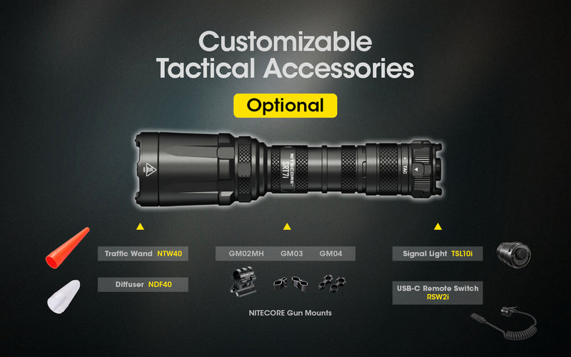 Nitecore SRT7i 3000 lumens Smart Ring Tactical Flashlight with customizable tactical accessories.