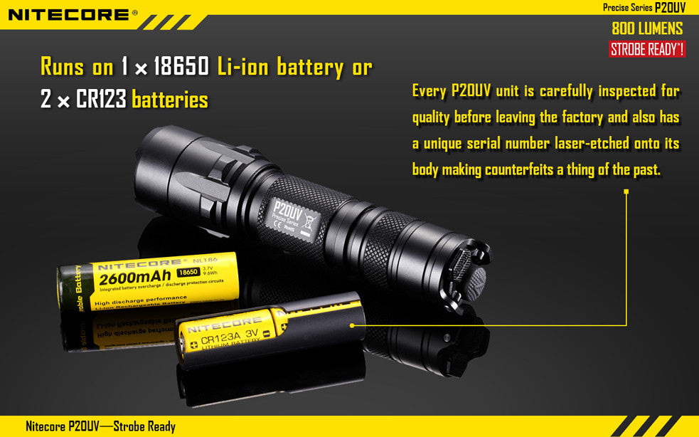Nitecore P20UV CREE XM-L2 LED Flashlight - 800 Lumens Runs on 2 x CR123A or 1 x 18650 Battery