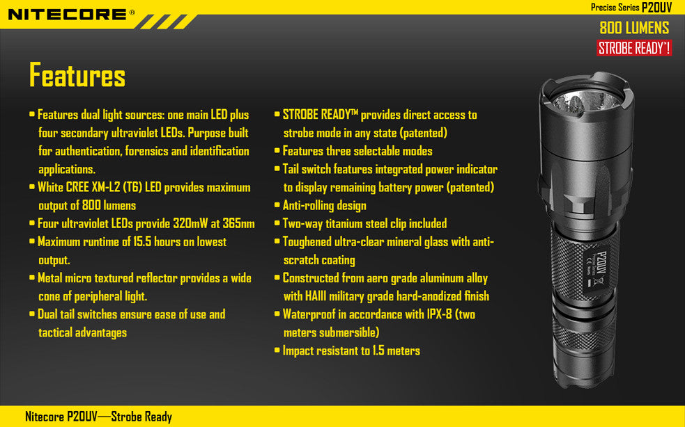 Nitecore P20UV CREE XM-L2 LED Flashlight - 800 Lumens Runs on 2 x CR123A or 1 x 18650 Battery