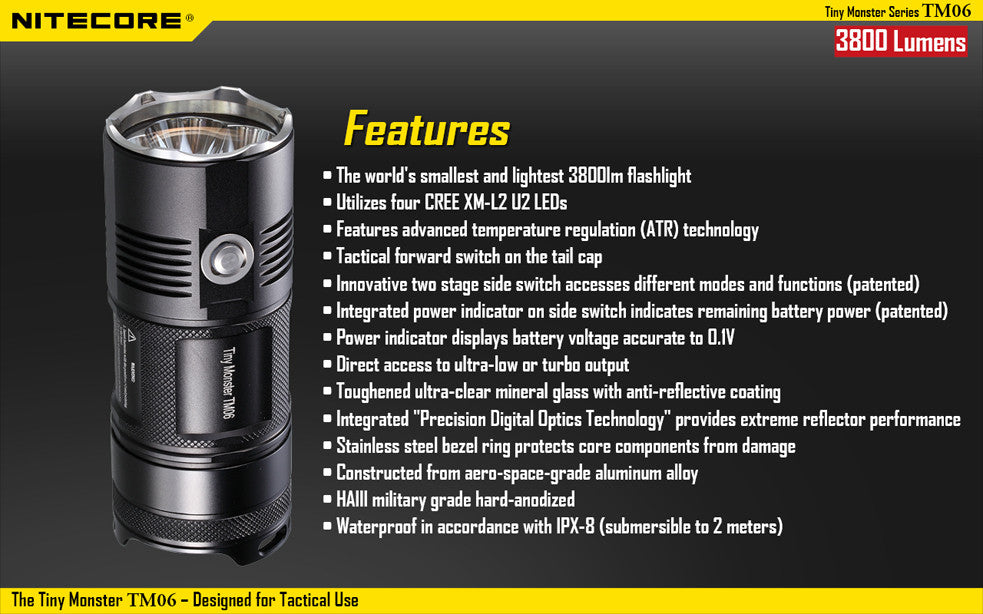 Nitecore TM06 Tactical LED Flashlight with 4 x Nitecore NL1823 2300 mAh 18650 lithium batteries