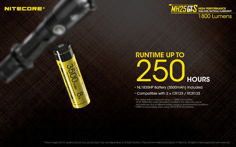 Nitecore MH25GTS high performance dual fuel tactical flashlight has a run time up to 250 hours.