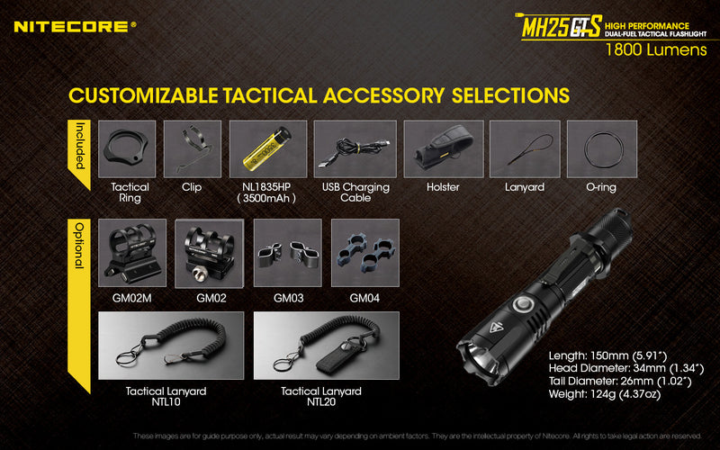 Nitecore MH25GTS high performance dual fuel tactical flashlight has customizable tactical accessory selections.