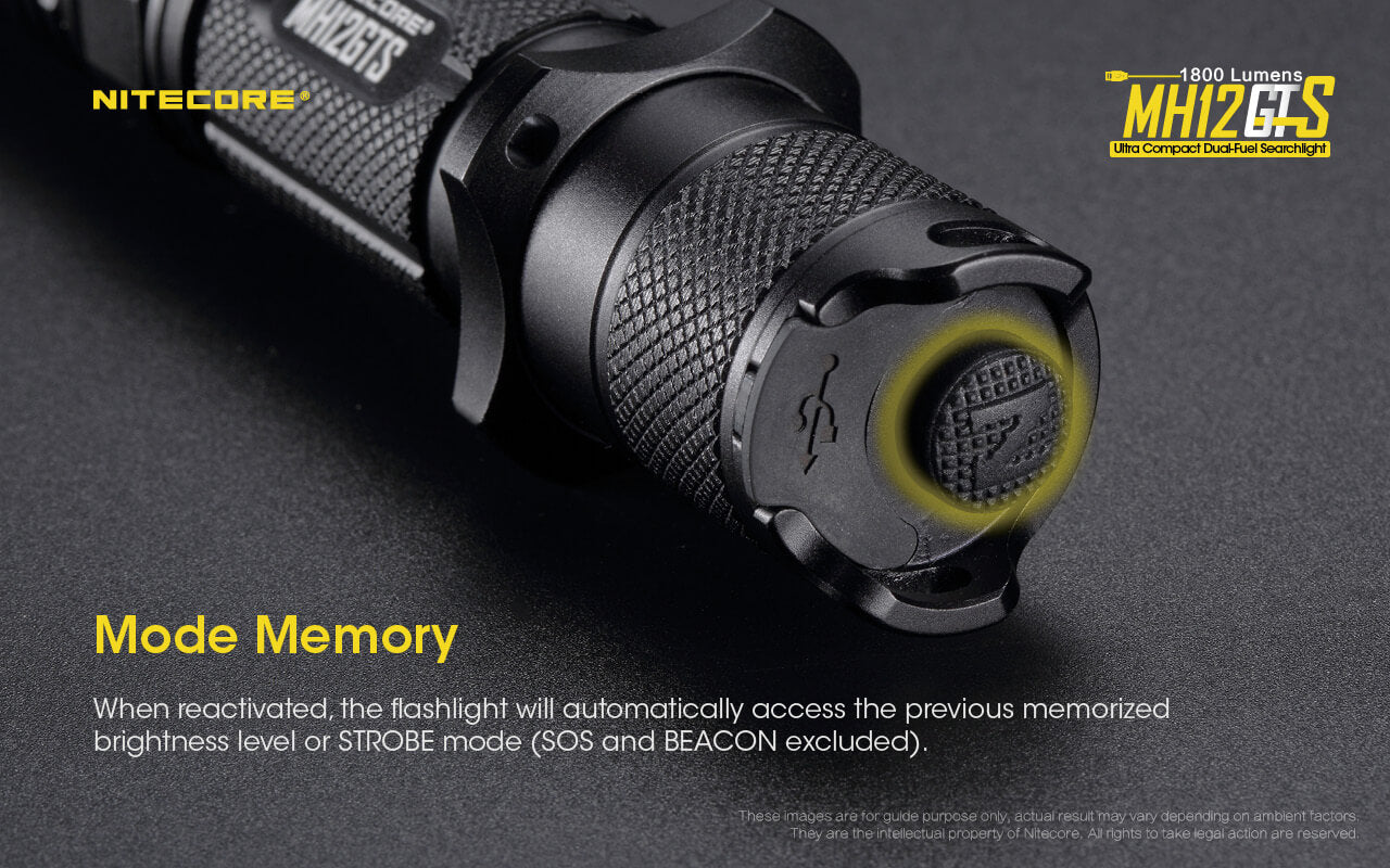Nitecore MH12GTS has access the previous memorized brightness level or strobe mode.