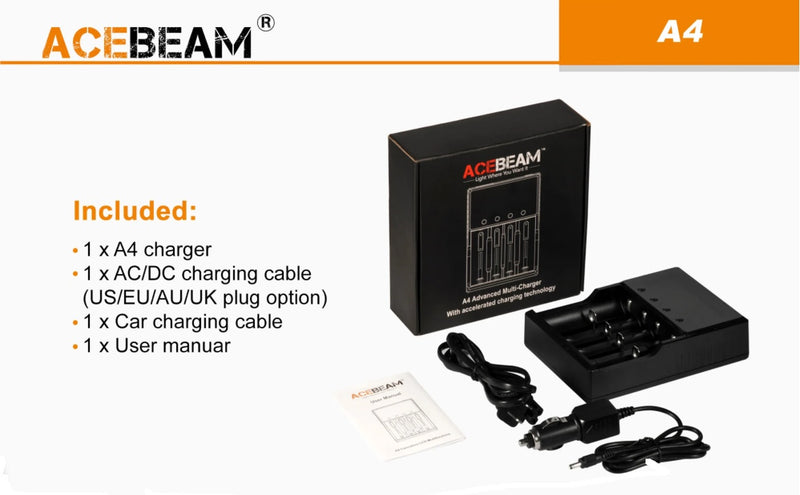 Acebeam A4 Advanced Multi Charger with many accessories
