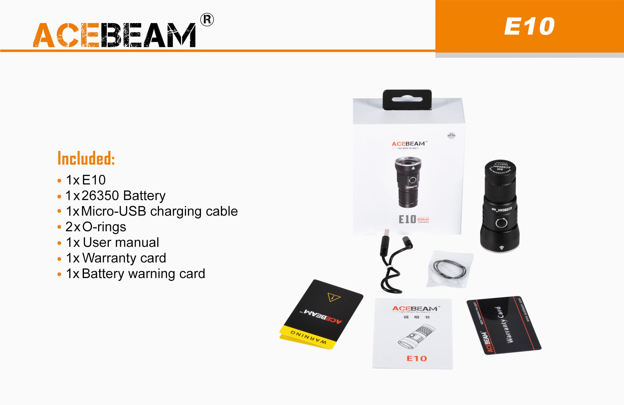 Acebeam E10 1050 Lumen Mini Thrower Compact Flashlight over 675 meters beam distance with 2 x Acebeam 26350 Batteries and Holster
