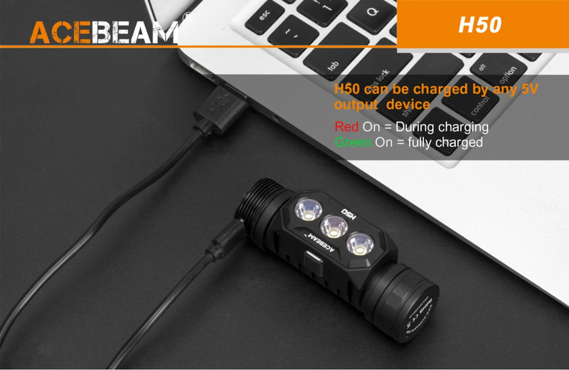 Acebeam H50 headlamp can be charged by any 5 v output device