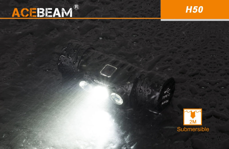 Acebeam H50 headlamp with 2 meters submersible