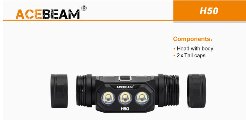 Acebeam H50 headlamp with components