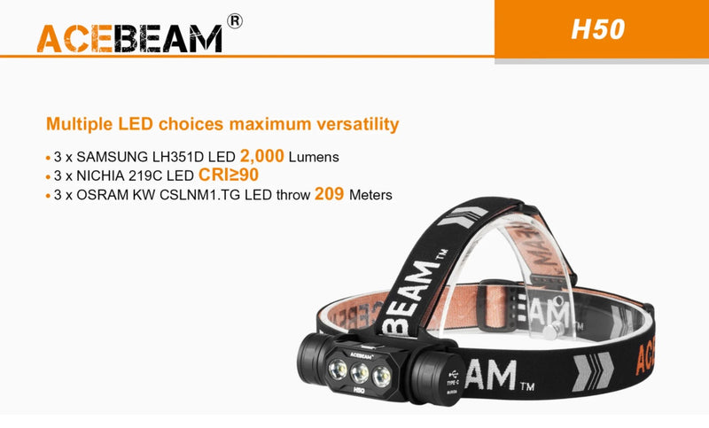 Acebeam H50 headlamp with multiple LED choices maximum versatility.
