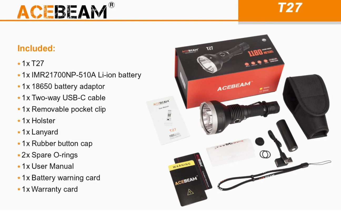 Acebeam T27 Tactical and Hunting Rechargable Thrower Flashlight with accessories