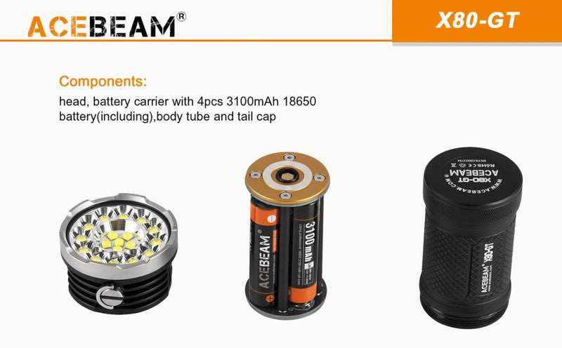 Acebeam X80GT comes with compnents of head, battery carrier with 4pcs 3100mah 18650 battery, body tube and tail cap