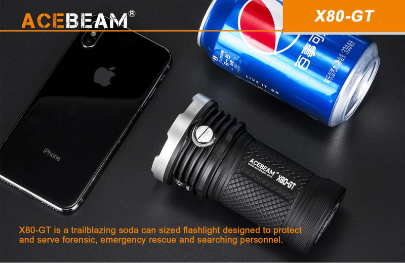 Acebeam X80GT is a trailblazing soda can sized flashlight designed to protect and served forensic, emergency rescue and seraching personnel