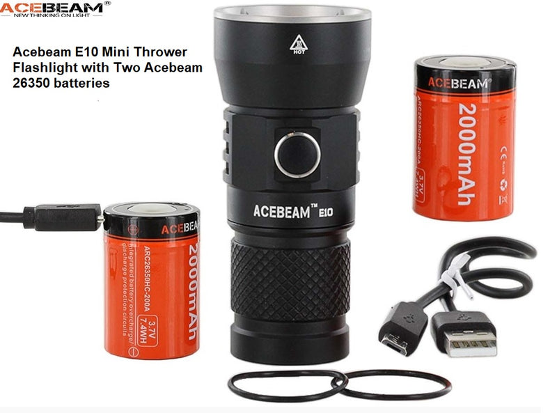 Aceabeam E10 Mini Tower Thrower Flashlight with two Acebeam 26350 batteries.