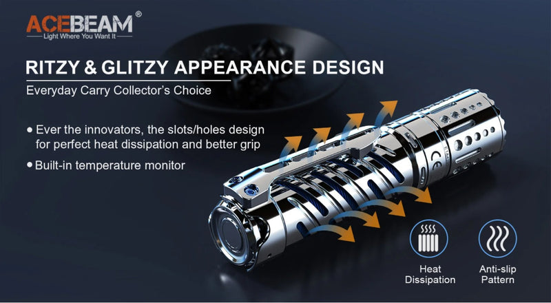 Acebeam E70 SS Stainless Steel EDC 4000 lumens LED Flashlight with Ritzy and Glitzy appearance design. 