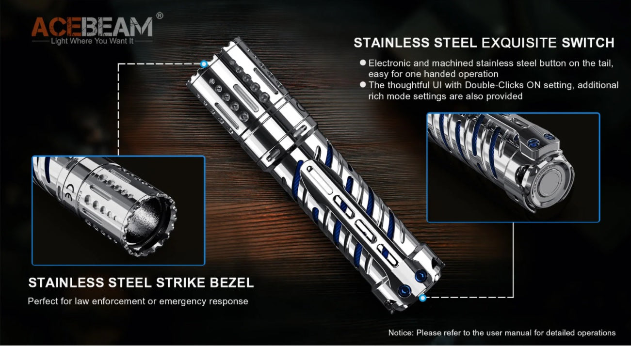 Acebeam E70 SS Stainless Steel EDC 4000 lumens LED Flashlight with stainless steel exquisite switch.