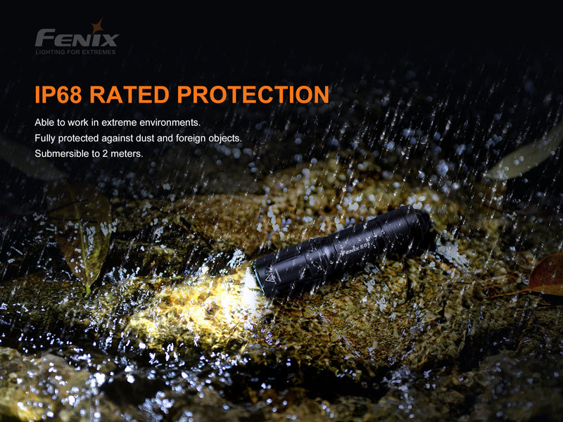 Fenix E01 V2.0 Mini Keychain Flashlight with IP68 rated protection.