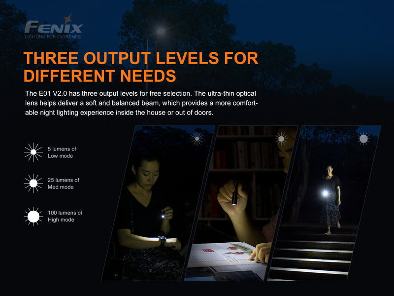 Fenix E01 V2.0 Mini Keychain Flashlight with three output levels for different needs