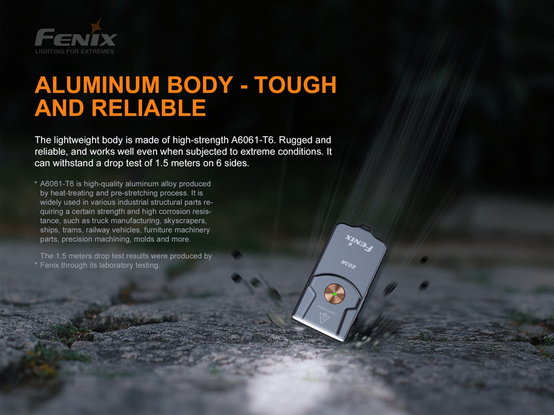 Fenix E03R All metal keychain flashlight with aluminium body that is tough and reliable.