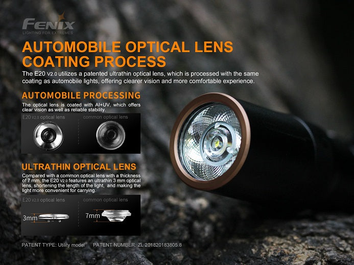 Fenix E20 V2.0 compact EDC flashlight with automobile optical lens coating process