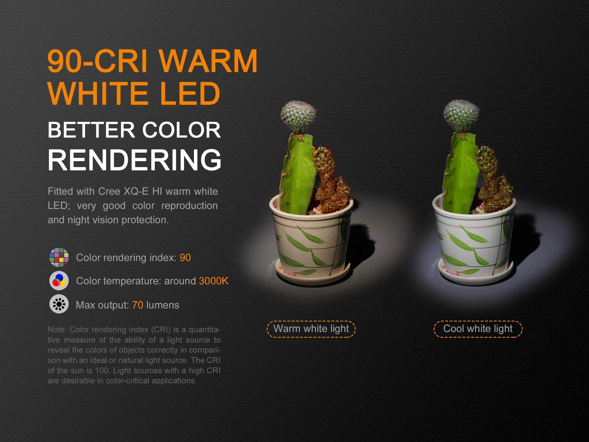 Fenix LD02 V2.0 Dual Lighting Sources Penlight has 90 CRI Warm White LED and is better colour rendering.