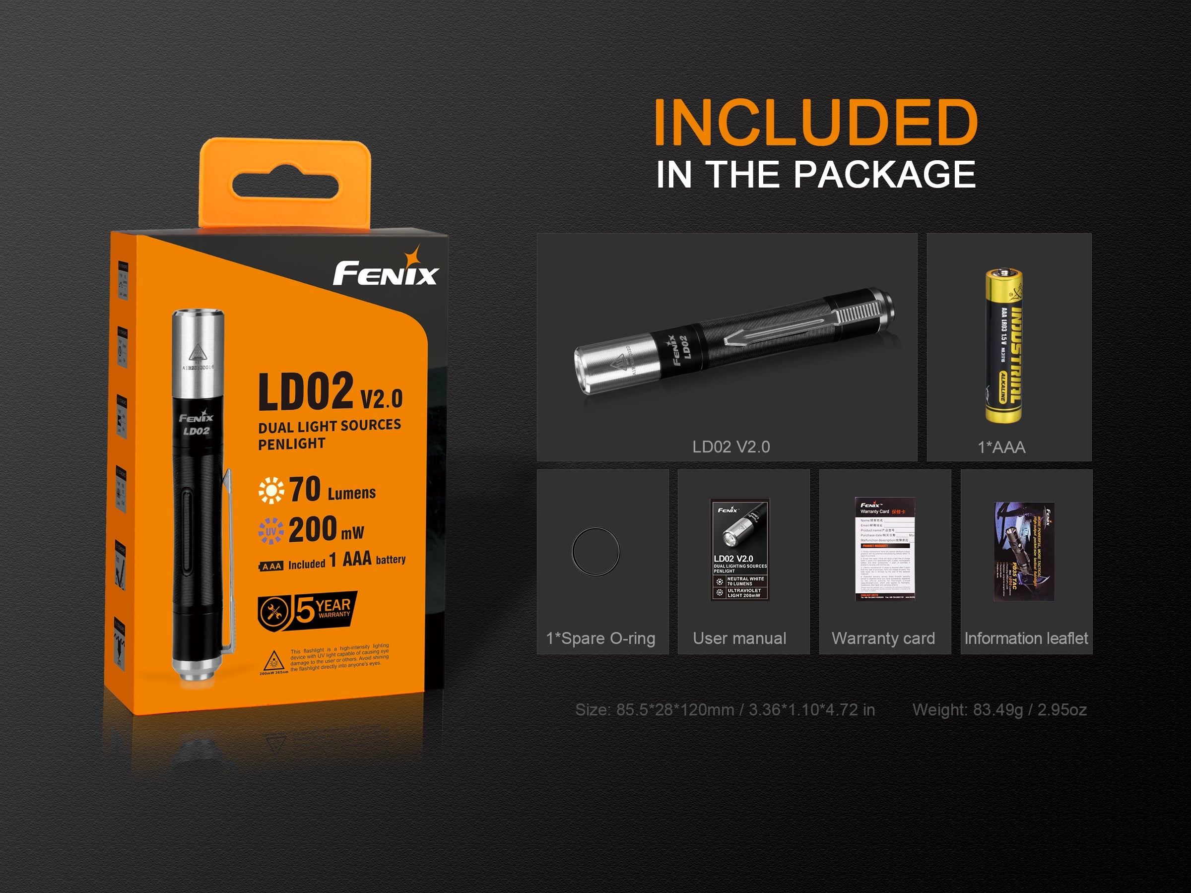 Fenix LD02 V2.0 Dual Lighting Sources Penlight with included accessories.
