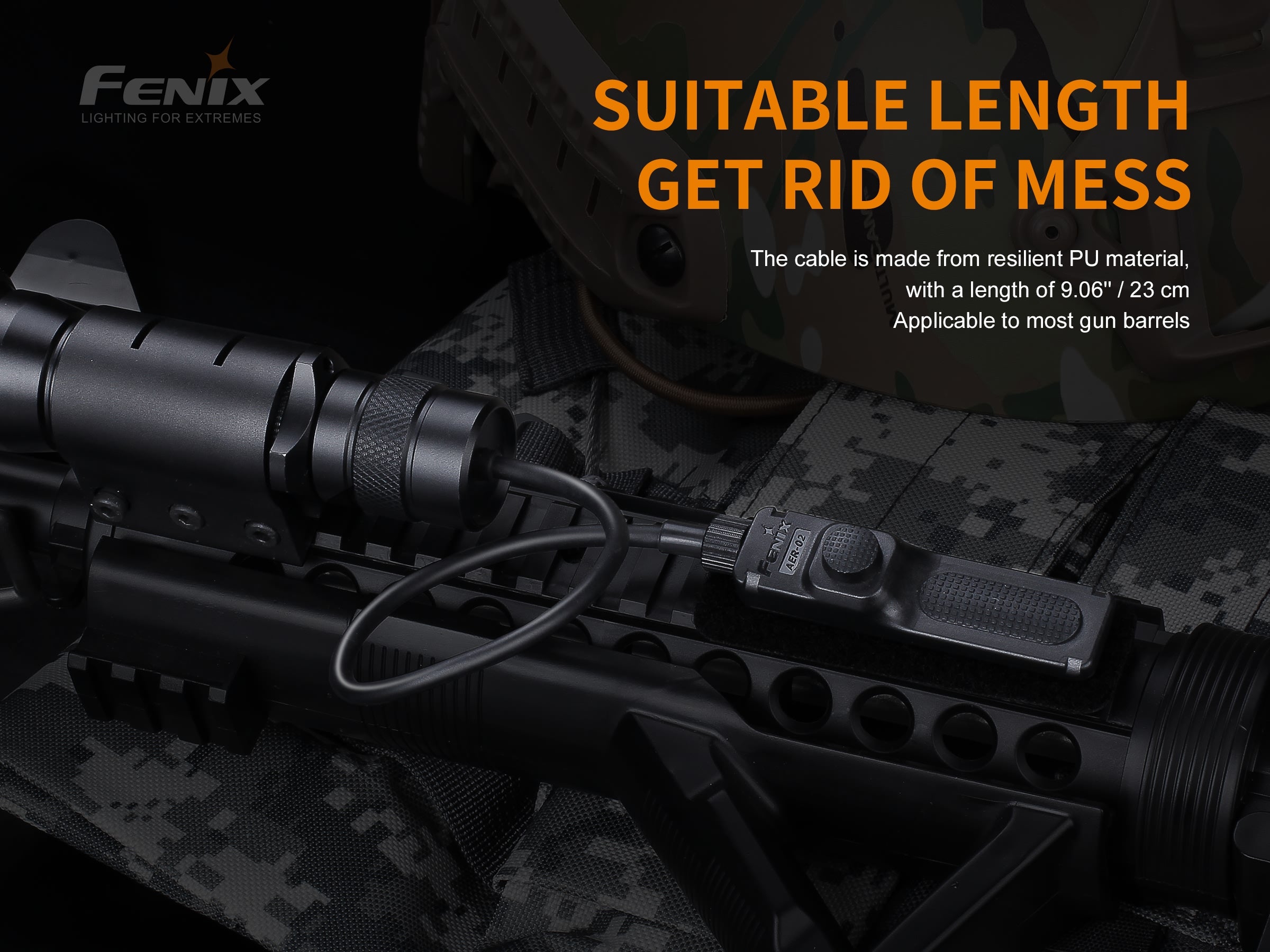 Fenix AER-02 Tactical Remote Pressure Switch has a cable that is made from resilent PU materila with a length of 9.06 inches and is applicable to most gun barrels.