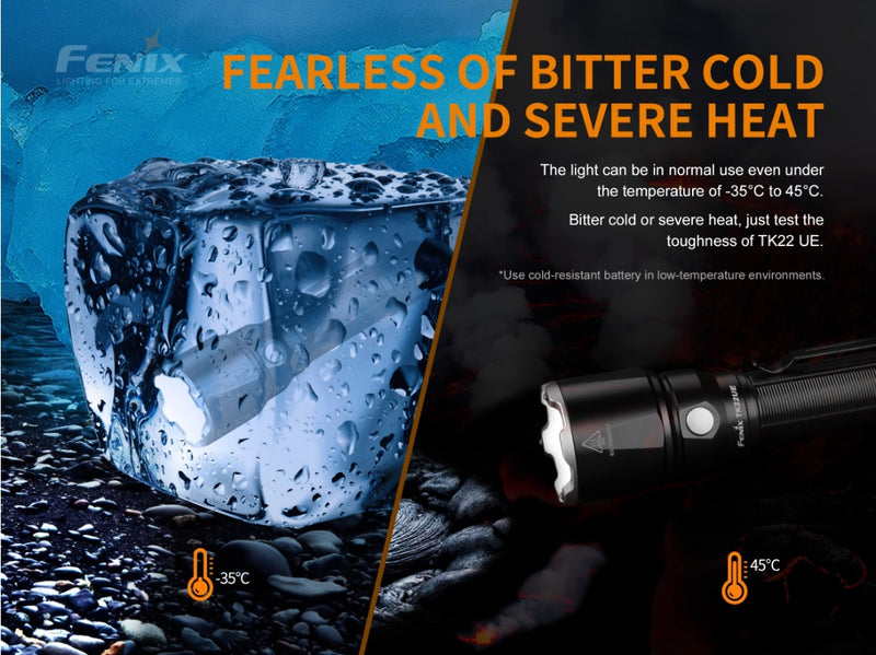 Fenix TK22UE tactical led flashlight with 1600 lumens has fearless of bitter cold and severe heat.