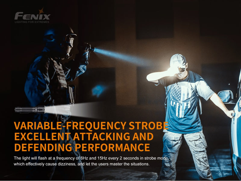 Fenix TK22UE tactical led flashlight with 1600 lumens has variable frequency strobe with excellent attacking and defending performance.