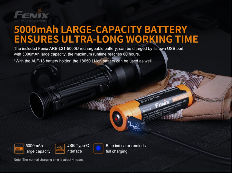 Fenix TK22UE tactical led flashlight with 1600 lumens has 500 mah of large capacity battery ensures ultra long working hours.
