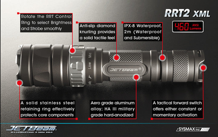 JETBeam RRT-2 LED Flashlight + Nitecore Micro-USB 2600mAh 18650 Rechargeable Battery
