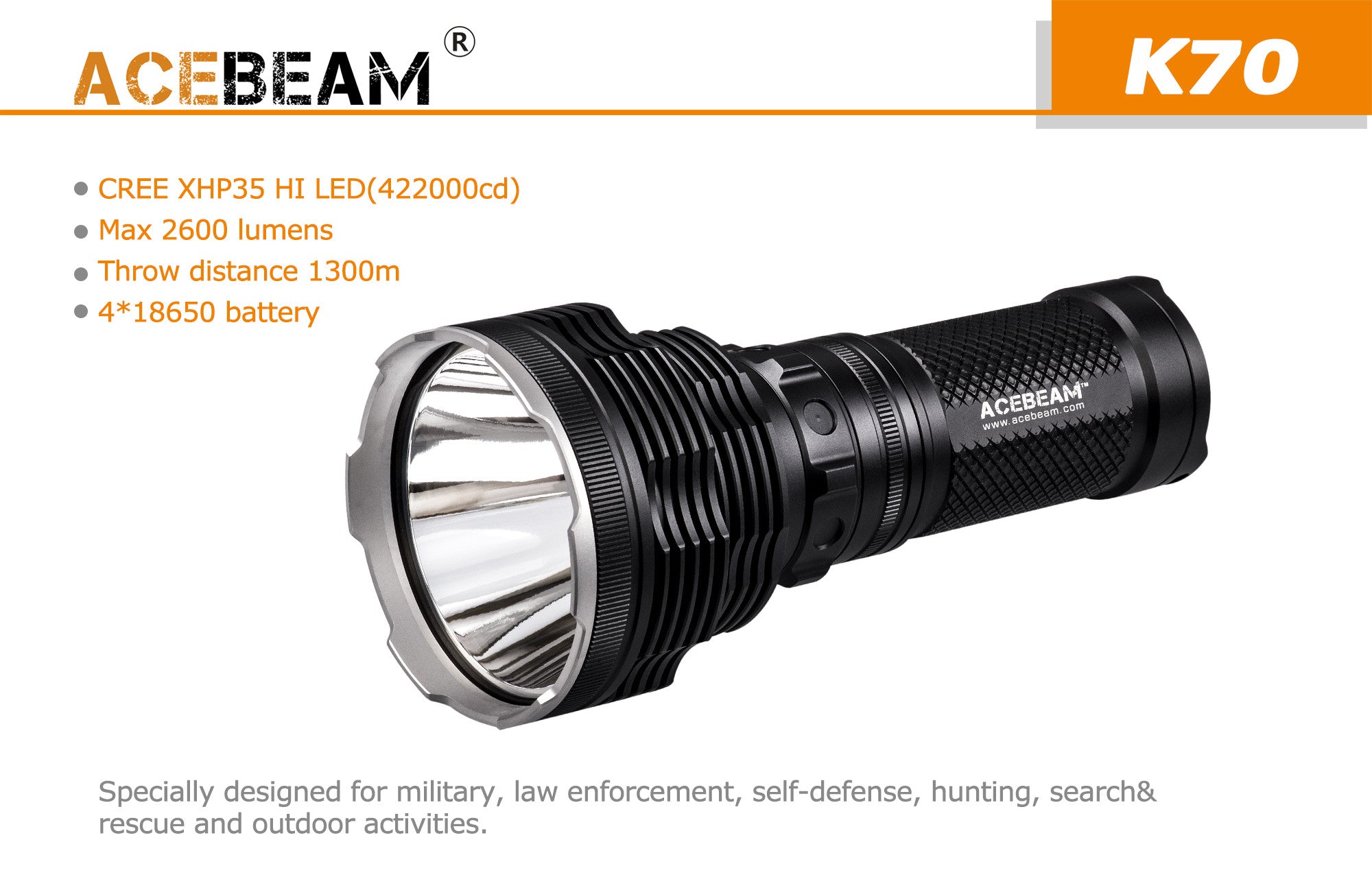 Acebeam K70 Search and Rescue Light with 4 x Acebeam 3100 mAh lithium batteries