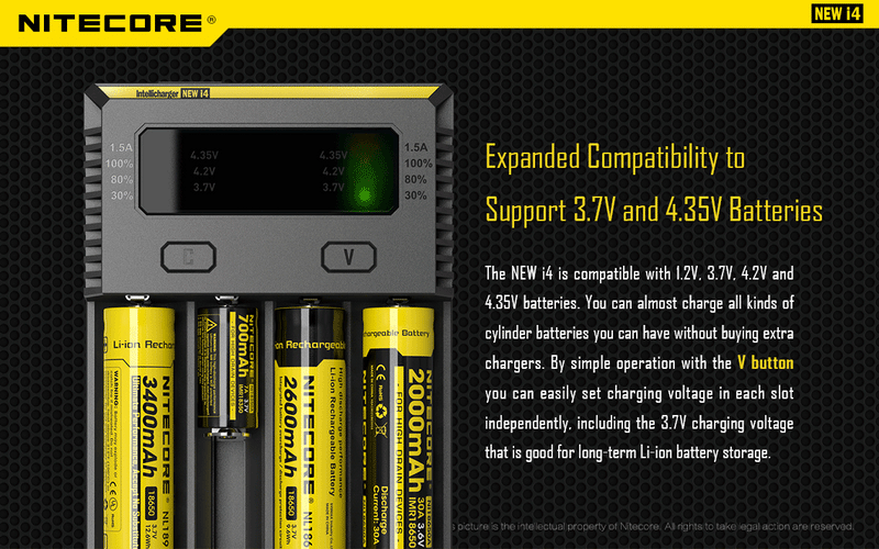 Nitecore i4 charger has expanded compatibility to support 3.7V and 4.35V batteries.