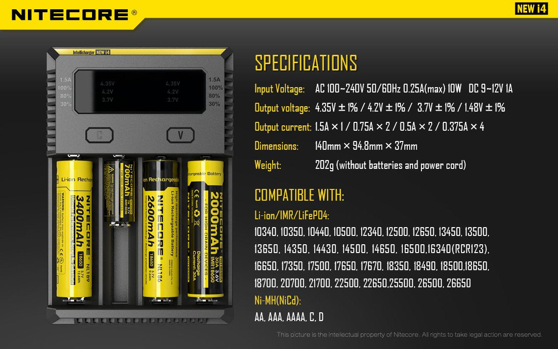 Nitecore i4 Charger is compatible with many batteries.