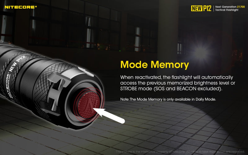 New P12 21700 Tactical Flashlight has mode memory.