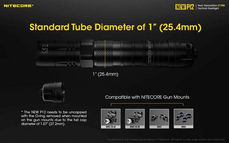 New P12 21700 Tactical Flashlight with a standard tube diameter of 1 inches.