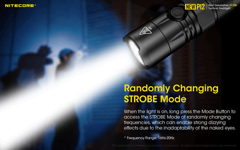 New P12 21700 Tactical Flashlight with randomly changing strobe mode.