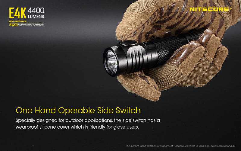 Nitecore E4K Next Generation 21700 Compact EDC flashlight has one hand Operable Side Switch.