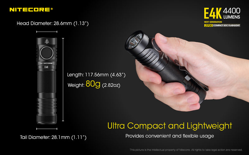 Nitecore E4K Next Generation 21700 Compact EDC flashlight has ultra Compact and Lightweight