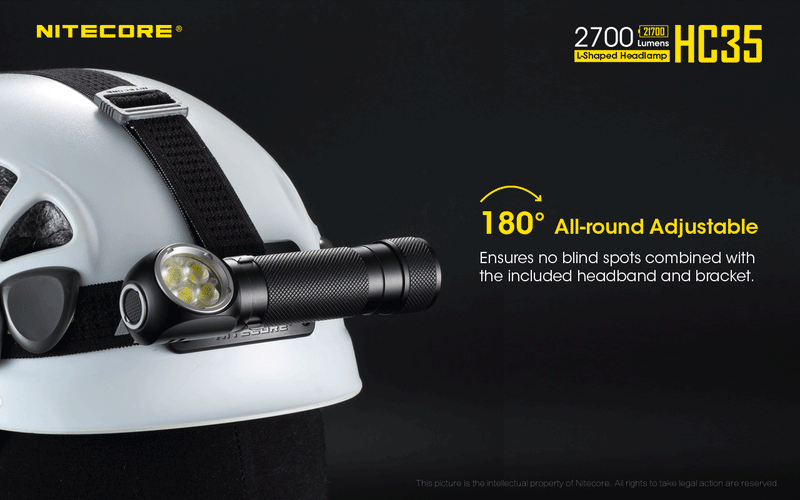 Nitecore HC35 Next Generation 21700 L shaped Headlamp has 180 degrees all around adjustable.
