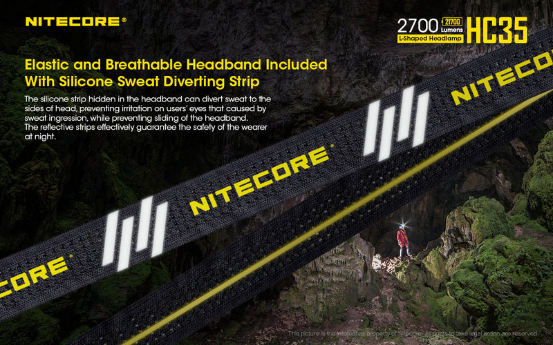 Nitecore HC35 Next Generation 21700 L shaped Headlamp has elastic and breathable headlamp band included with silicone sweat diverting strip