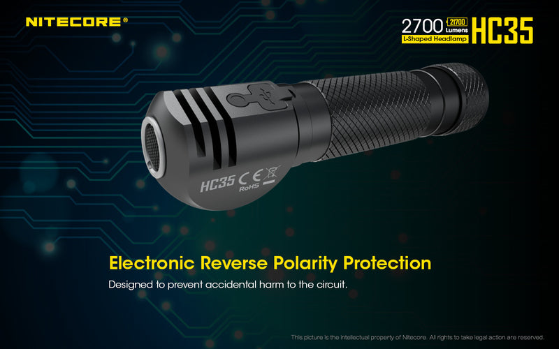 Nitecore HC35 Next Generation 21700 L shaped Headlamp has electronic reverse polarity protection.
