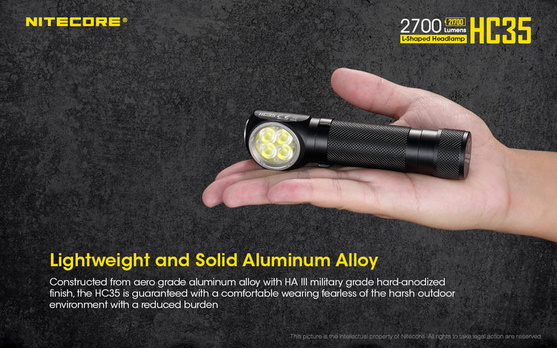 Nitecore HC35 Next Generation 21700 L shaped Headlamp has lightweight and aluminum alloy.