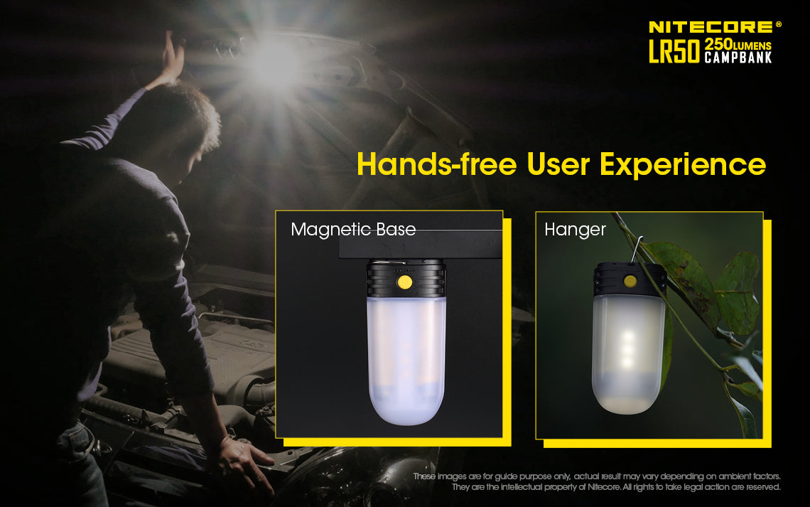 Nitecore LR50 250 lumens Camp Bank has hands free user experience.