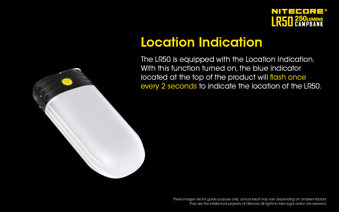 Nitecore LR50 250 lumens Camp Bank has location indication.