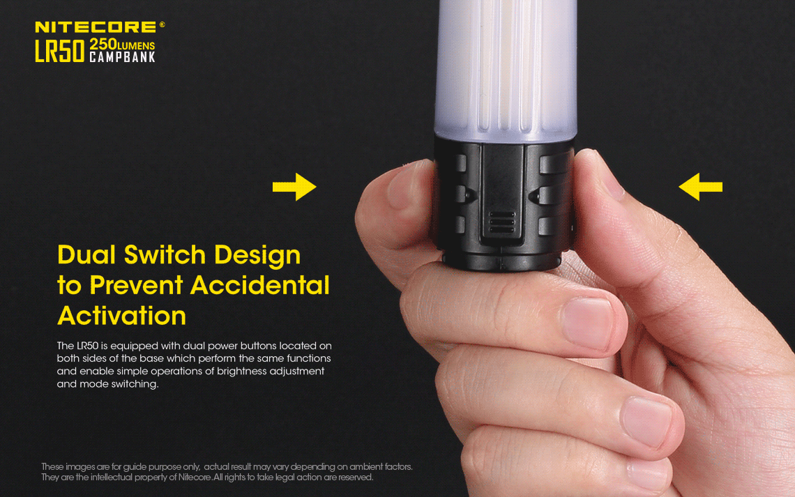 Nitecore LR50 250 lumens Camp Bank is a dual switch design to prevent accidential activation.