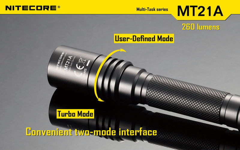 Nitecore MT21A Ultra long range 2 x AA flashlight has convenient two mode interface.