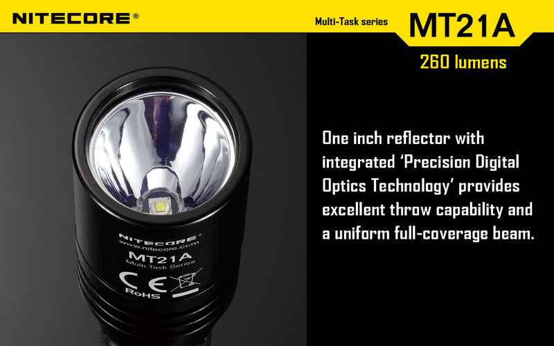 Nitecore MT21A Ultra long range 2 x AA flashlight has one inch reflector with integrated Precision Digital Optics Technology